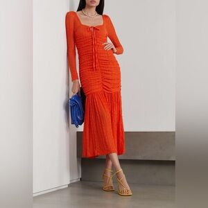 GANNI Ruched Stretch Cloqué Midi Dress in Orange